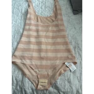 Noir by EuroSkins‎ Nude Striped Sheer Mesh Bust Body Shaper Bodysuit 2X New